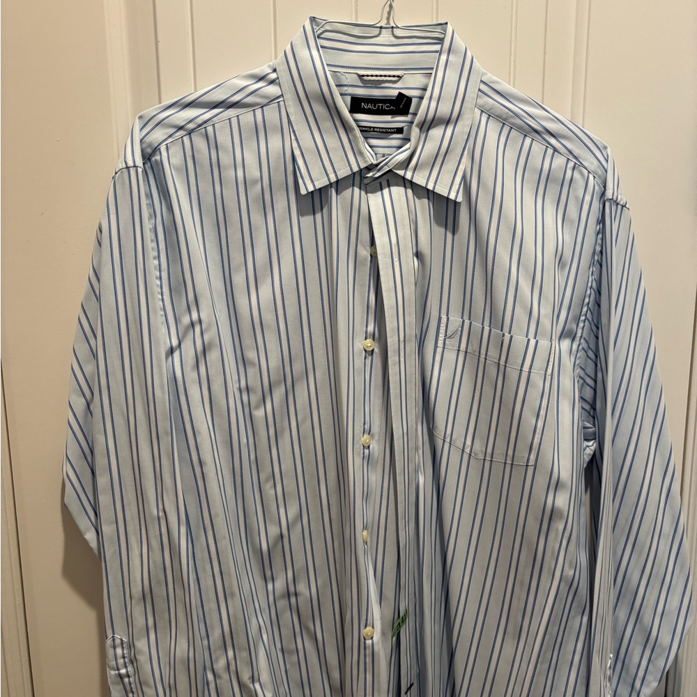 Nautica Men's White Shirt with Blue Stripes